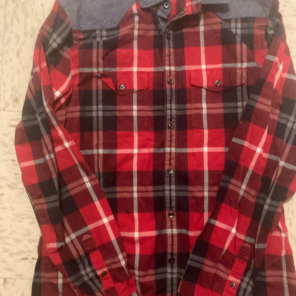 Express Red and Black Plaid Button Down Shirt
